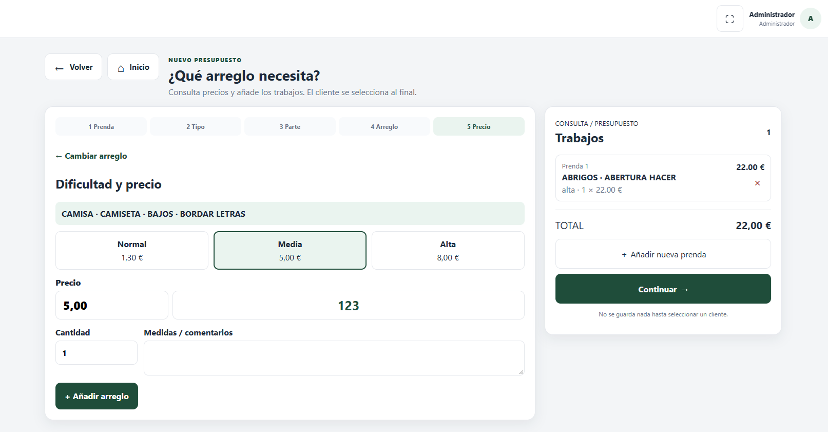Selección de dificultad y precio de un arreglo en ArrSoft